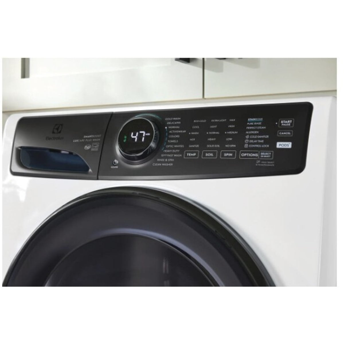 27 Inch Front Load Washer with 4.5 cu ft Capacity, SmartBoost®, Cold Wash, Cold Sanitize, Care Meter, Optic Whites™, Pure Rinse™, StainSoak™, Perfect Steam™, LuxCare® and Energy Star Certified