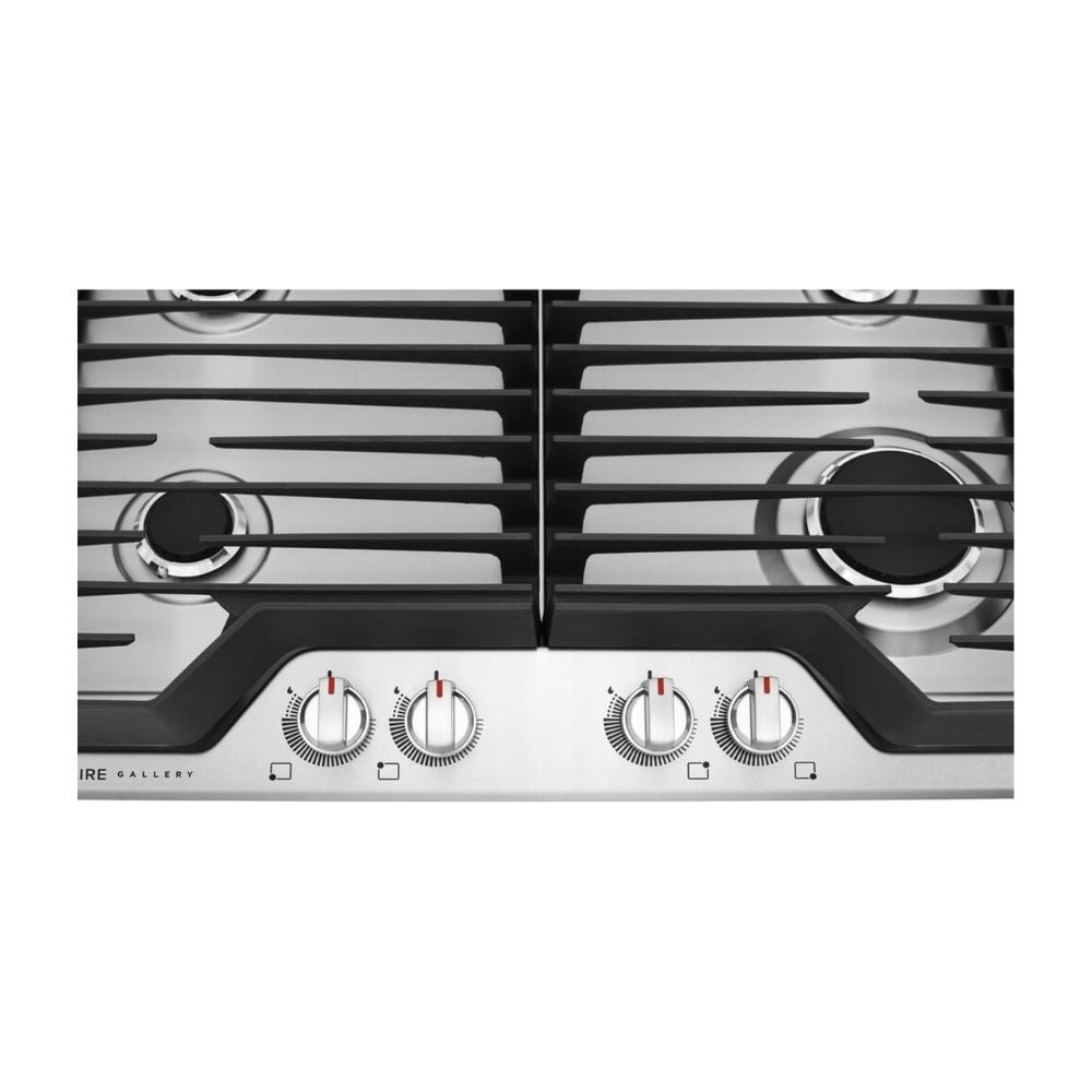30 Inch Gas Cooktop with 4 Sealed Burners, Continuous Grates, Spill Safe® Cooktop, Backlit LED Knobs, Dishwasher-Safe Burners Caps, Frigidaire® Fit Promise, Quick Boil Burner, Simmer Burner, and ADA Compliant