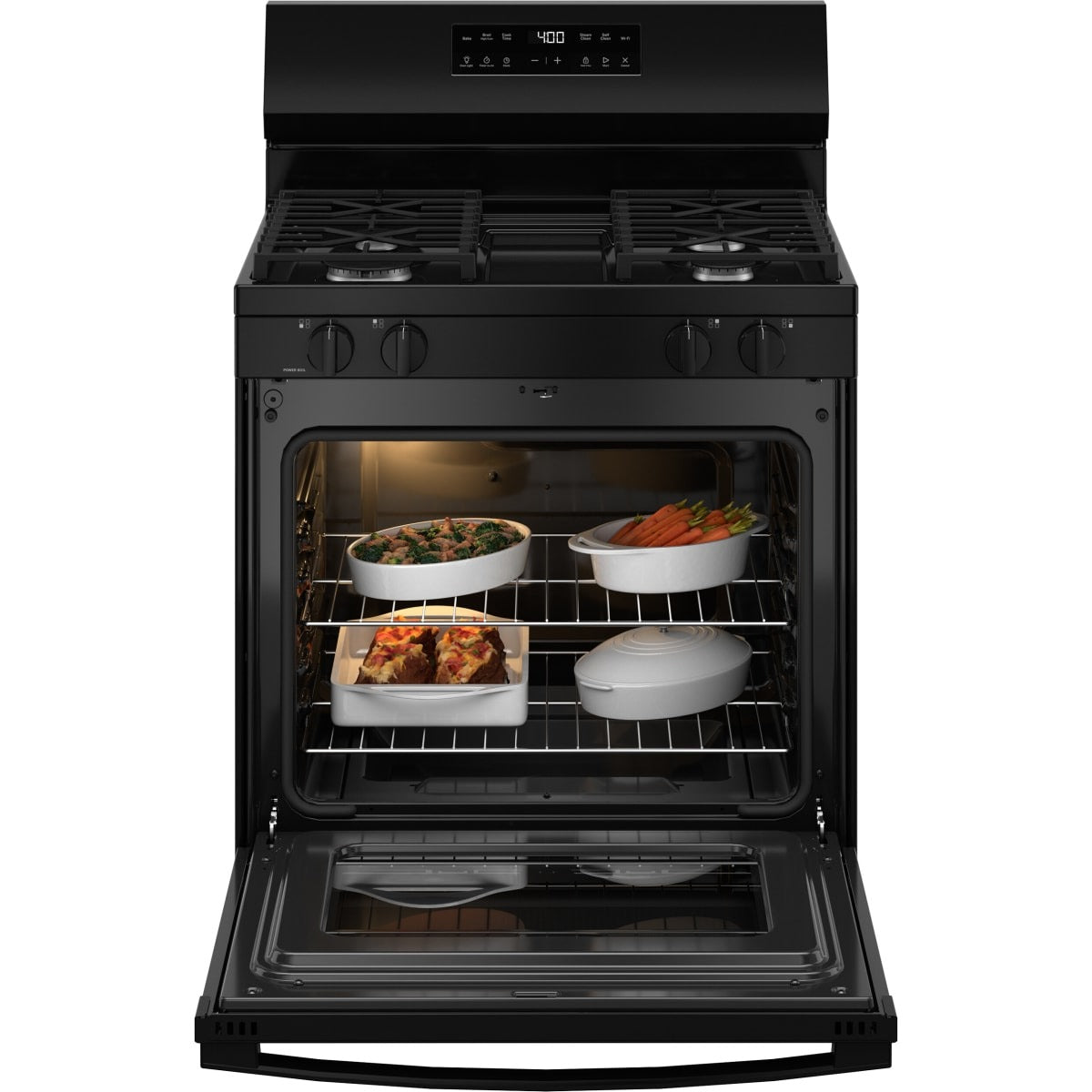 GGF400PVBB GE 30-inch Freestanding Gas Range with Edge-to-Edge Cooktop and Oven Air Fry - Black