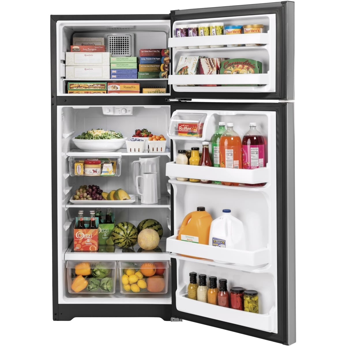 GTS18HYNRFS GE 17.5 cu. ft. Top Freezer Refrigerator with FlexSpace™ Shelving – Fingerprint Resistant Stainless