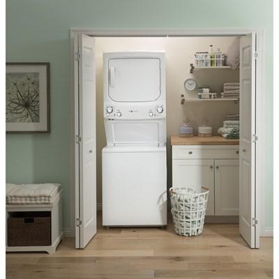GUD27GESNWW GE® Unitized Spacemaker® 3.9 Cu. Ft. Washer, 5.9 Cu. Ft. Dryer White Stack Laundry
