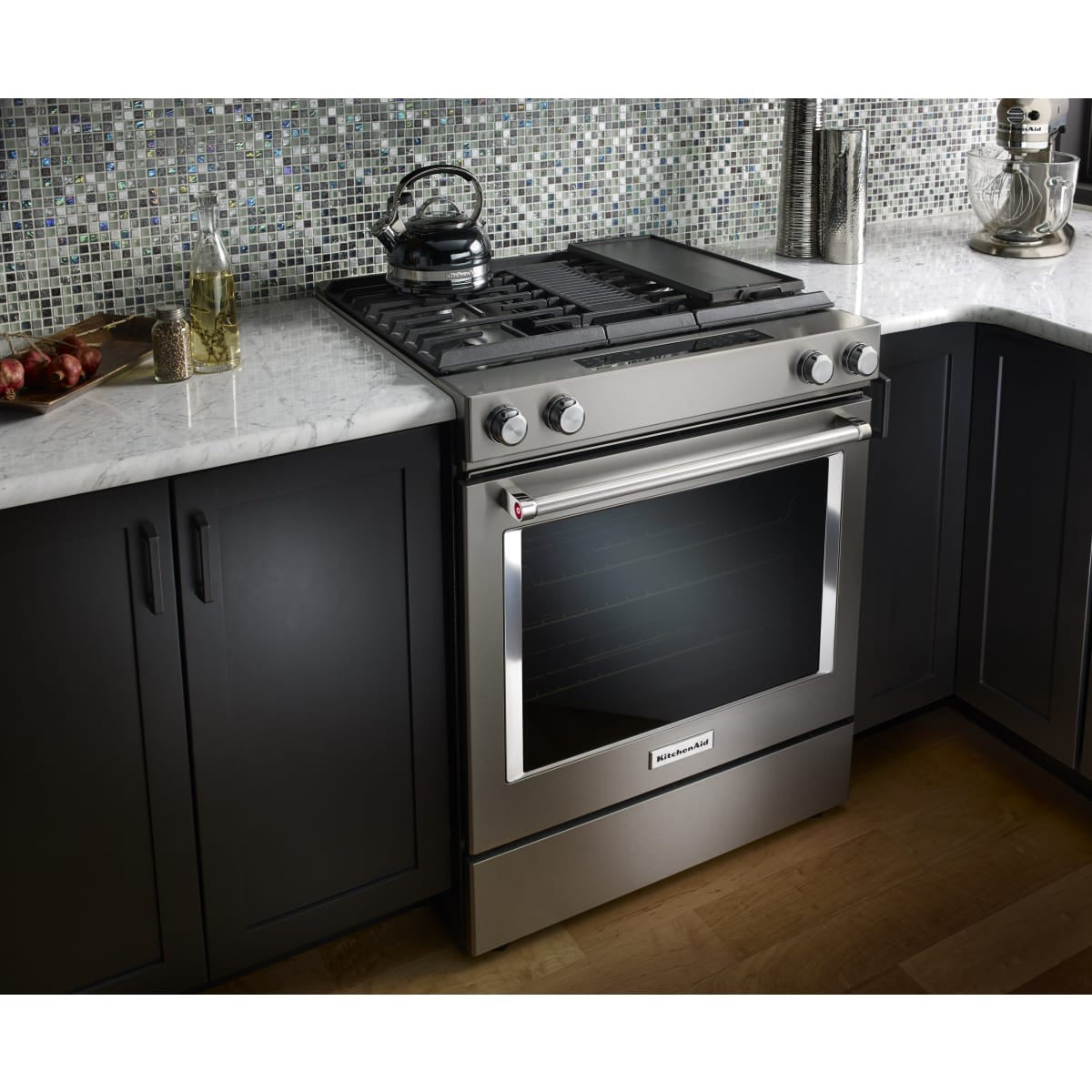 30 Inch Slide-in Dual Fuel Range with 4 Sealed Burners, 17,000 BTU, 6.4 cu. ft. Convection Oven, Built-in Downdraft Ventilation and Glass Touch Controls