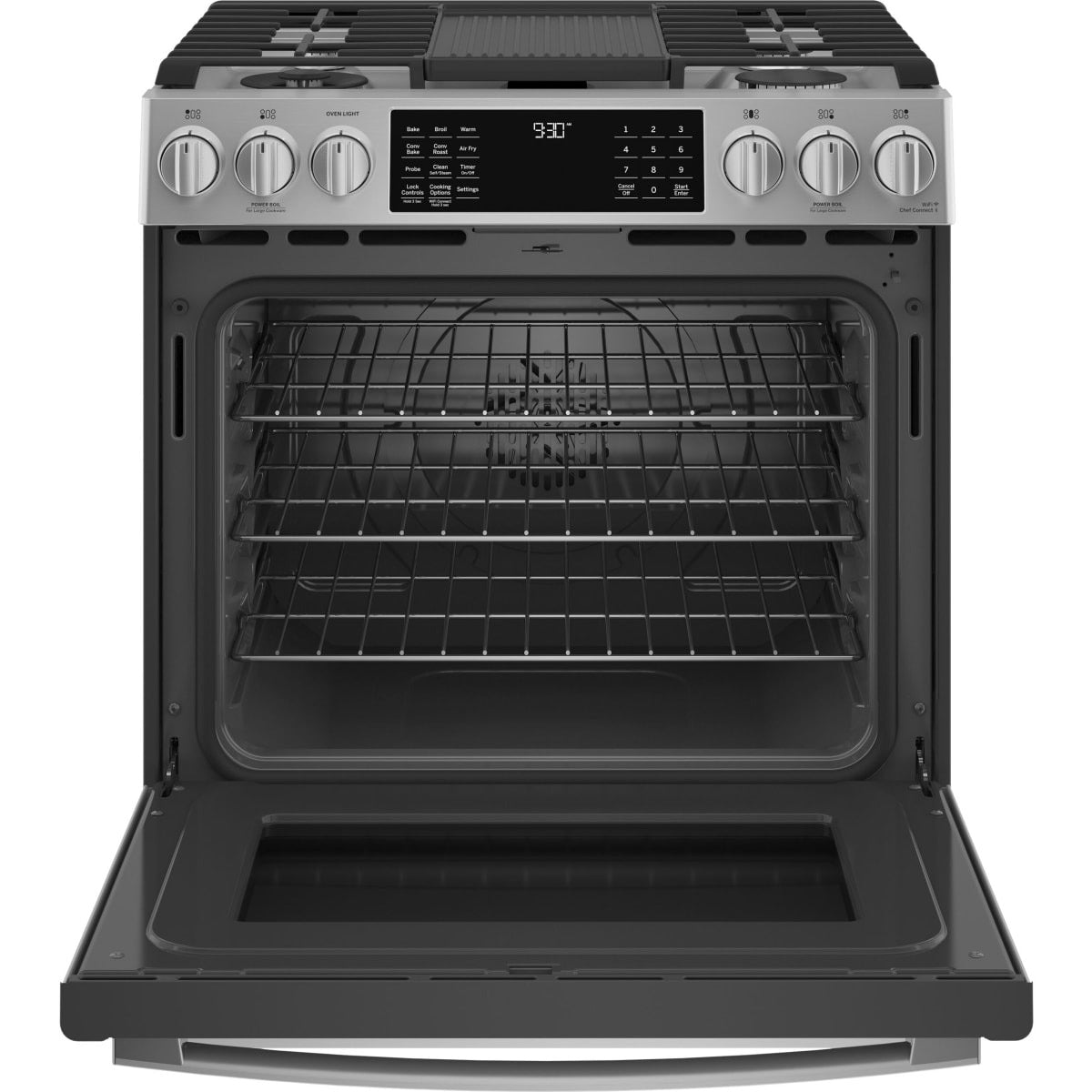 P2S930YPFS GE Profile 30-inch Smart Slide-In Front Control Dual-Fuel Range with No Preheat Air Fry – Stainless Steel