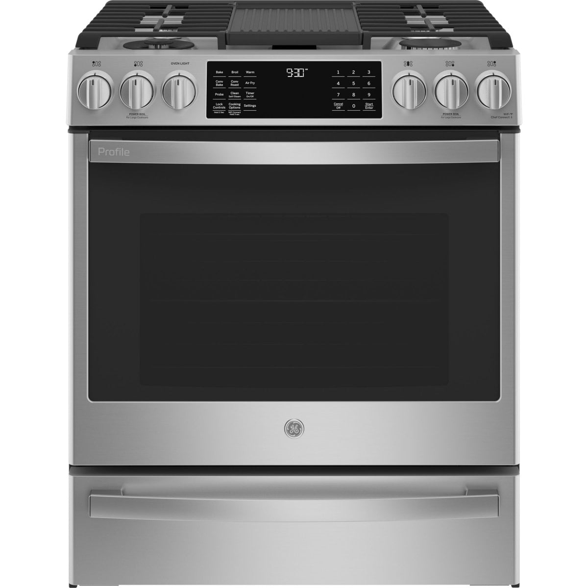 P2S930YPFS GE Profile 30-inch Smart Slide-In Front Control Dual-Fuel Range with No Preheat Air Fry – Stainless Steel