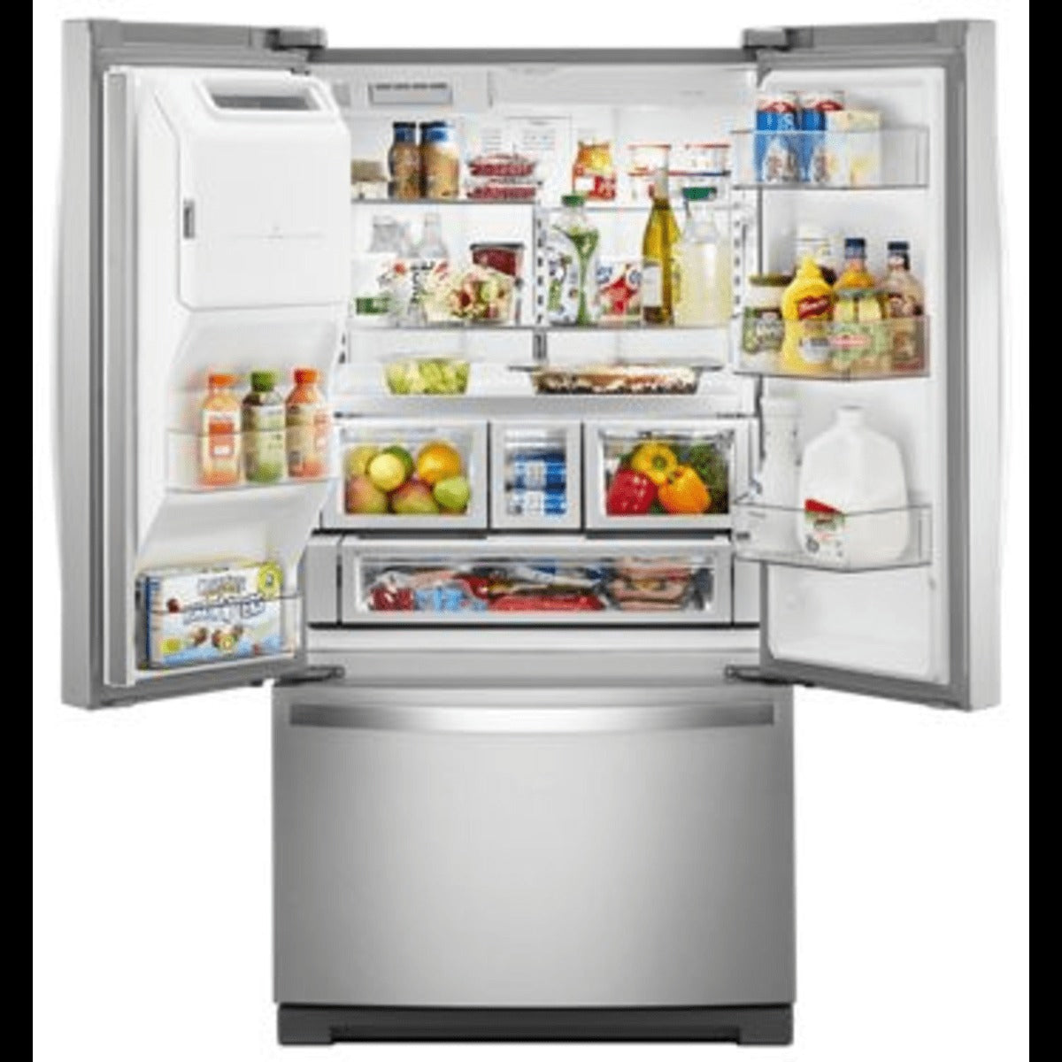 36 Inch French Door Refrigerator with 26.8 cu. ft. Total Capacity, In-Door-Ice® Storage, Exterior Ice/Water Dispenser, Pizza Pocket, Platter Pocket, EveryDrop® Filtration, Adjustable Gallon Door Bins, Two-Tier Freezer Storage.
