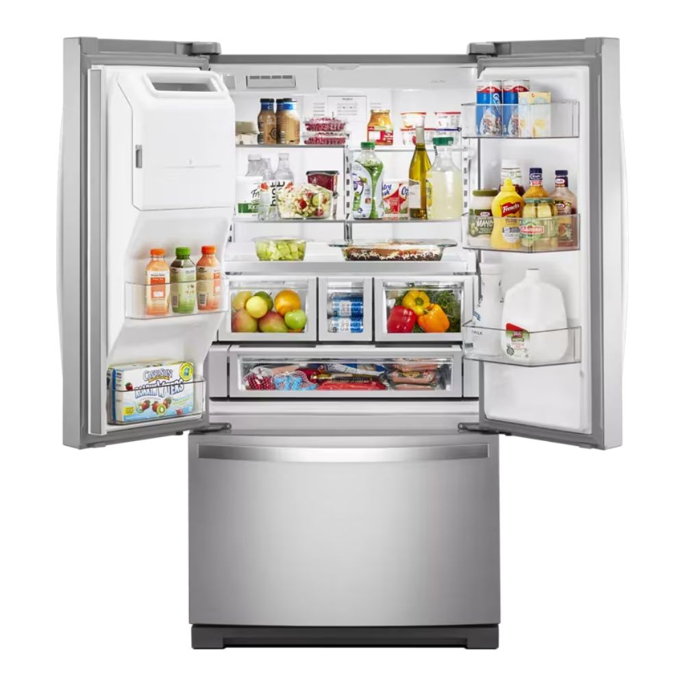36 Inch French Door Refrigerator with 26.8 Cu. Ft. Capacity, Spillproof Glass Shelves, Humidity-Controlled Crispers, Dual Ice Makers, Exterior Ice and Water Dispenser, EveryDrop™ Filtration, Fingerprint Resistant Stainless Steel, ENERGY STAR Certified