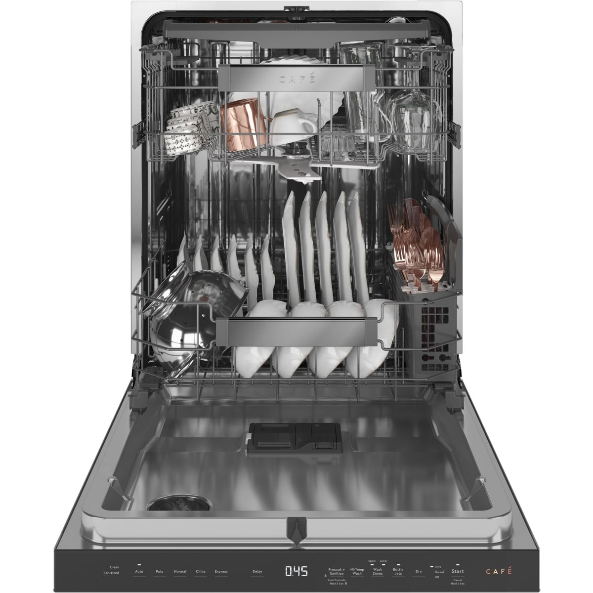 CDT805M5NS5 — Café 24″ Built‑In Dishwasher with Ultra‑Wash & Dry, Steam + Sanit Option, Adjustable Upper Rack (Platinum Glass)