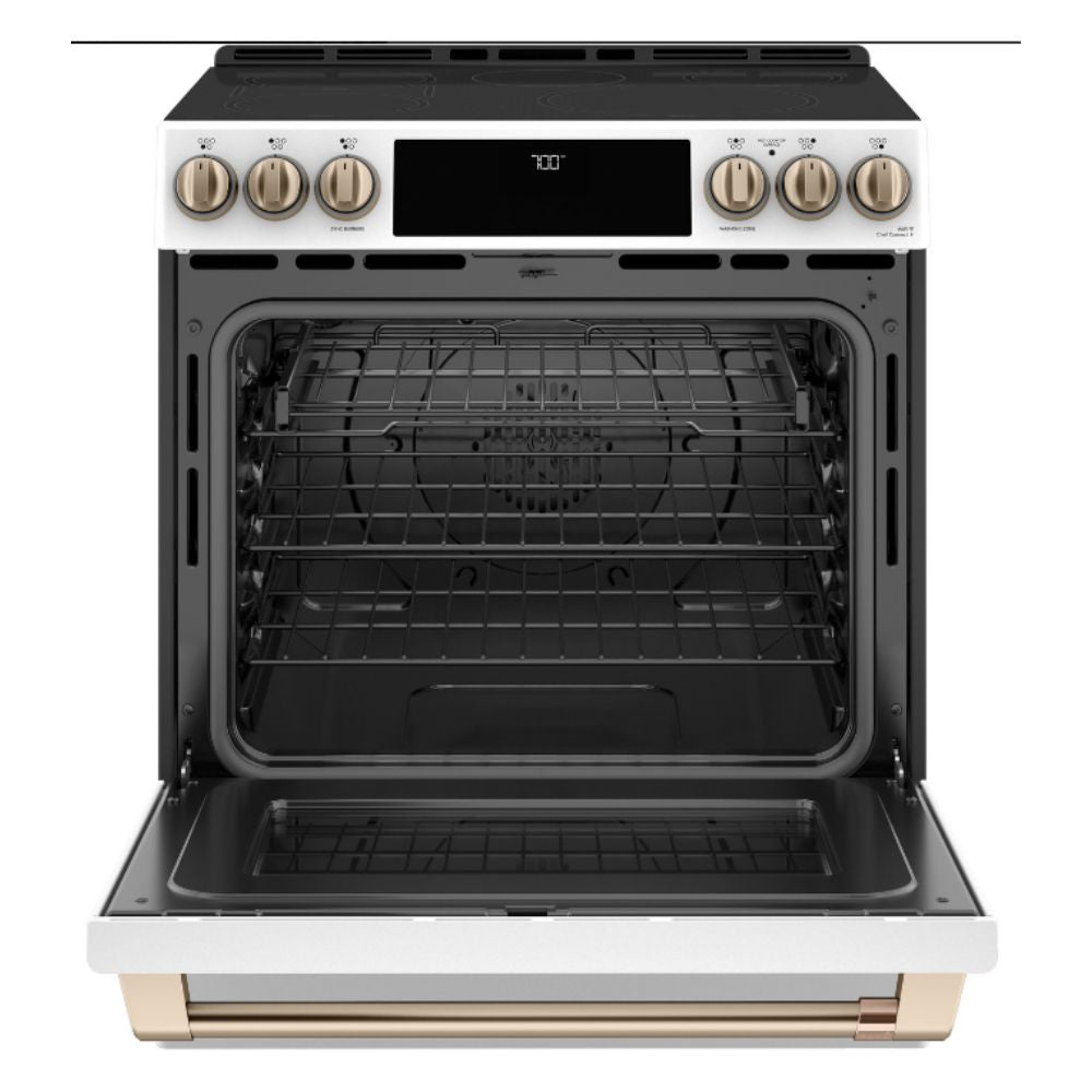 30 Inch Slide-In Electric Range with 5 Elements, 5.7 cu. ft. Oven Capacity, Ceramic Glass Cooktop, Self-Clean Function, Touch Controls, Hidden Bake Element, Smart Features, Spacious Interior and Modern Design: White