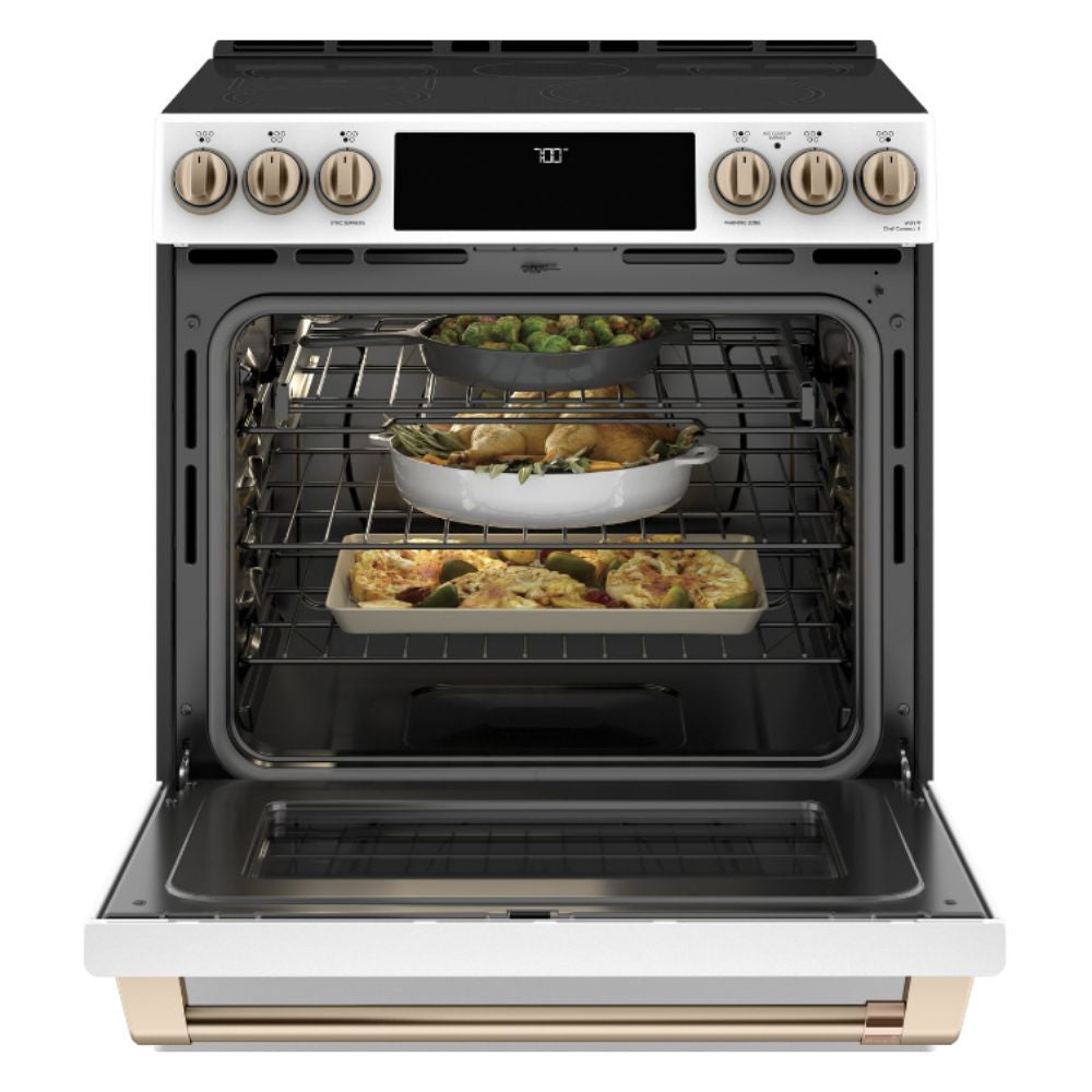 30 Inch Slide-In Electric Range with 5 Elements, 5.7 cu. ft. Oven Capacity, Ceramic Glass Cooktop, Self-Clean Function, Touch Controls, Hidden Bake Element, Smart Features, Spacious Interior and Modern Design: White