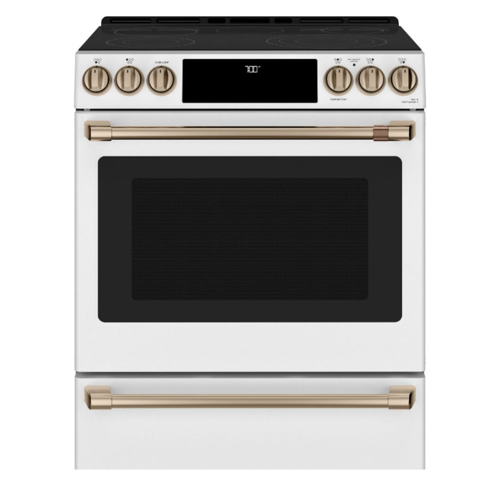 30 Inch Slide-In Electric Range with 5 Elements, 5.7 cu. ft. Oven Capacity, Ceramic Glass Cooktop, Self-Clean Function, Touch Controls, Hidden Bake Element, Smart Features, Spacious Interior and Modern Design: White