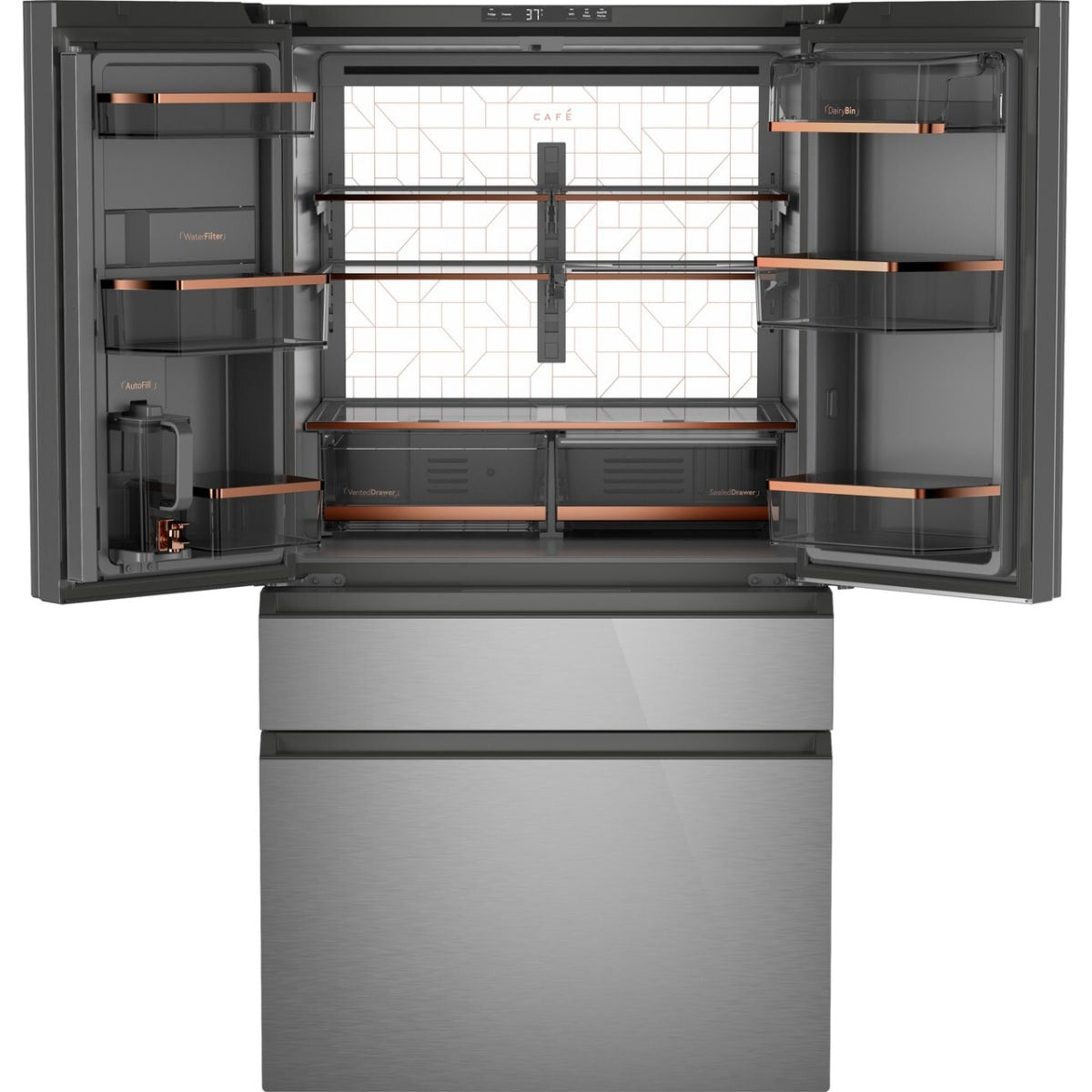 CGE29DM5TS5 — Café 28.7 cu. ft. Smart 4-Door French Door Refrigerator with Dual-Dispense AutoFill Pitcher, Convertible Drawer, TwinChill™ Dual Evaporators (Platinum Glass)