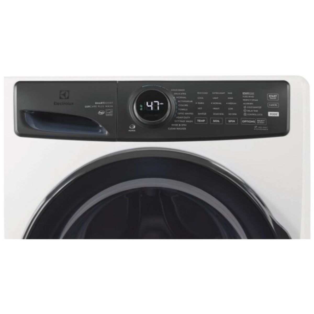 27 Inch Front Load Washer with 4.5 cu ft Capacity, SmartBoost®, Cold Wash, Cold Sanitize, Care Meter, Optic Whites™, Pure Rinse™, StainSoak™, Perfect Steam™, LuxCare® and Energy Star Certified