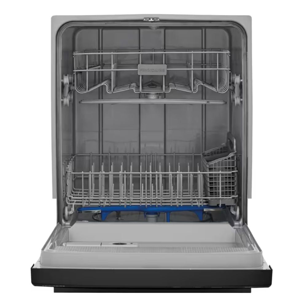 Frigidaire built-in black dishwasher with 14 place settings and 55 dBA quiet operation. Features 5 wash cycles including Energy Saver and 1-Hour, heated dry system, sanitize option