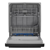 Frigidaire built-in black dishwasher with 14 place settings and 55 dBA quiet operation. Features 5 wash cycles including Energy Saver and 1-Hour, heated dry system, sanitize option