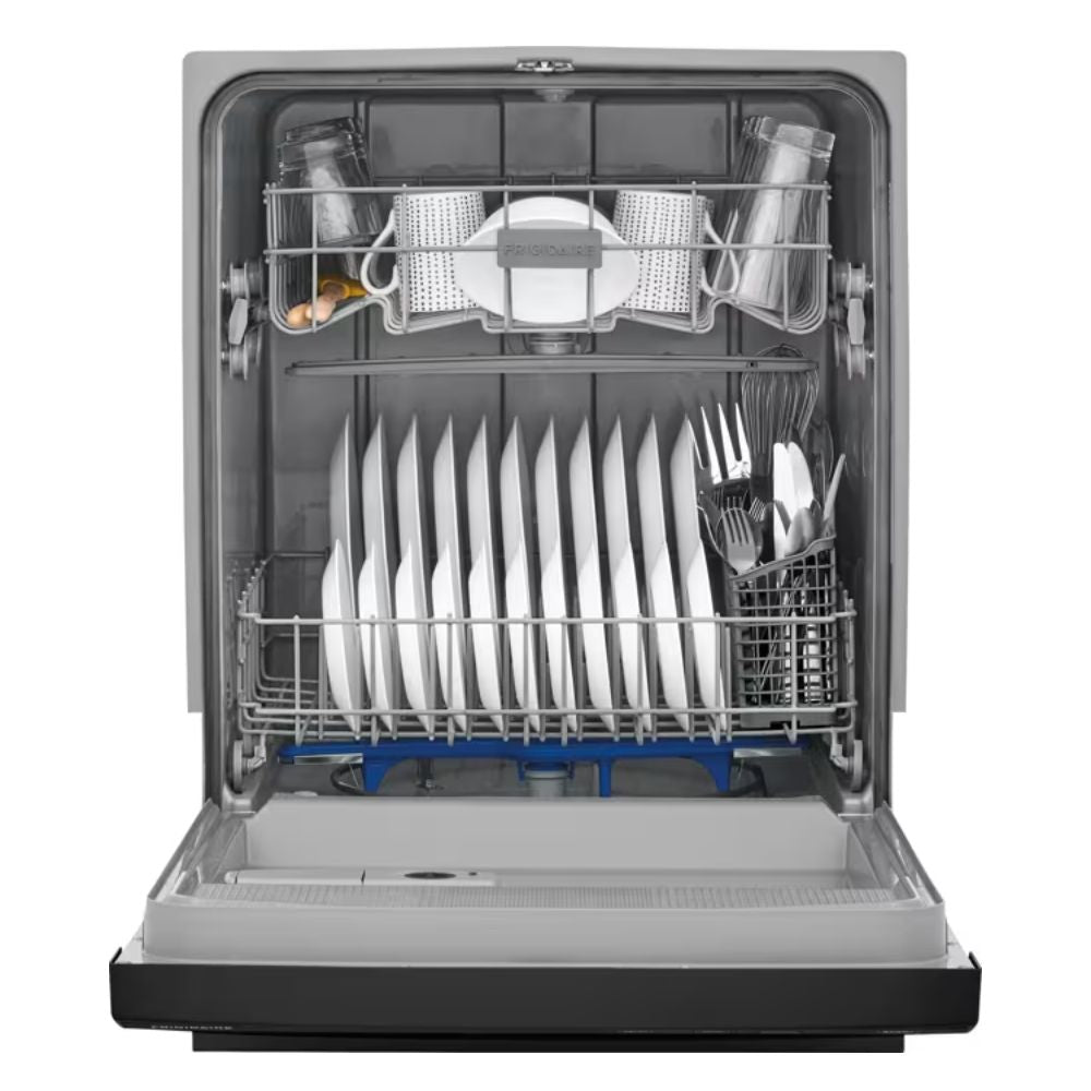 Frigidaire built-in black dishwasher with 14 place settings and 55 dBA quiet operation. Features 5 wash cycles including Energy Saver and 1-Hour, heated dry system, sanitize option