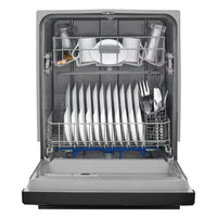 Frigidaire built-in black dishwasher with 14 place settings and 55 dBA quiet operation. Features 5 wash cycles including Energy Saver and 1-Hour, heated dry system, sanitize option