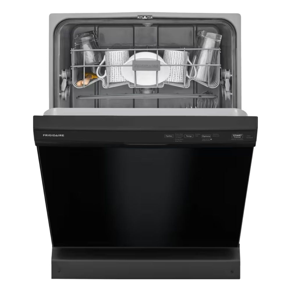 Frigidaire built-in black dishwasher with 14 place settings and 55 dBA quiet operation. Features 5 wash cycles including Energy Saver and 1-Hour, heated dry system, sanitize option