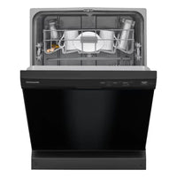 Frigidaire built-in black dishwasher with 14 place settings and 55 dBA quiet operation. Features 5 wash cycles including Energy Saver and 1-Hour, heated dry system, sanitize option