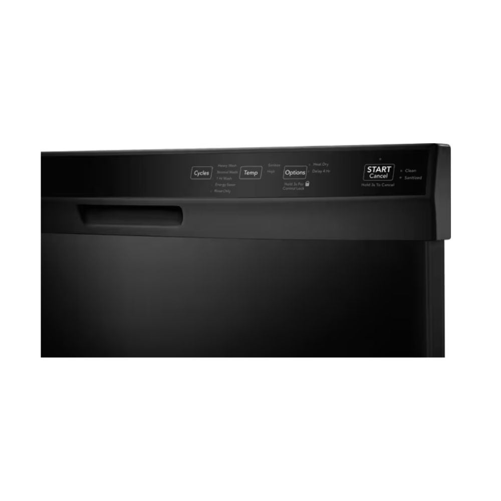 Frigidaire built-in black dishwasher with 14 place settings and 55 dBA quiet operation. Features 5 wash cycles including Energy Saver and 1-Hour, heated dry system, sanitize option