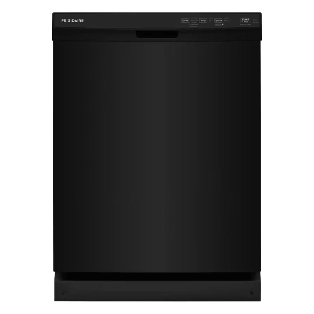 Frigidaire built-in black dishwasher with 14 place settings and 55 dBA quiet operation. Features 5 wash cycles including Energy Saver and 1-Hour, heated dry system, sanitize option