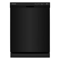 Frigidaire built-in black dishwasher with 14 place settings and 55 dBA quiet operation. Features 5 wash cycles including Energy Saver and 1-Hour, heated dry system, sanitize option