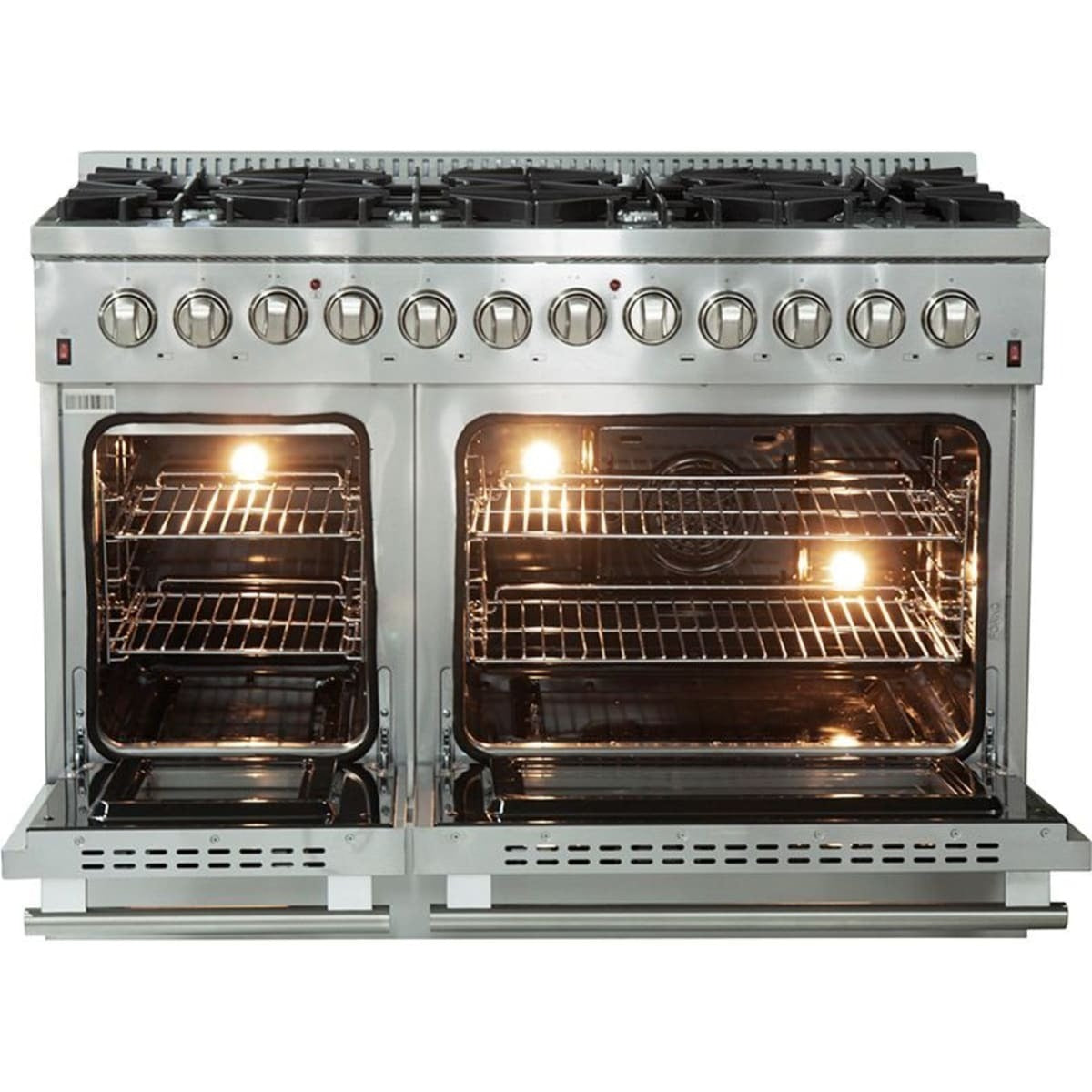 FFSGS615648 — 48 Inch Freestanding Dual Fuel Range with 8 Sealed Burners, 6.58 cu. ft. Total Capacity, Continuous Cast Iron Grates, Griddle, and LP Conversion Kit Included: Stainless Steel