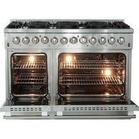 FFSGS615648 — 48 Inch Freestanding Dual Fuel Range with 8 Sealed Burners, 6.58 cu. ft. Total Capacity, Continuous Cast Iron Grates, Griddle, and LP Conversion Kit Included: Stainless Steel