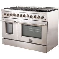 FFSGS615648 — 48 Inch Freestanding Dual Fuel Range with 8 Sealed Burners, 6.58 cu. ft. Total Capacity, Continuous Cast Iron Grates, Griddle, and LP Conversion Kit Included: Stainless Steel
