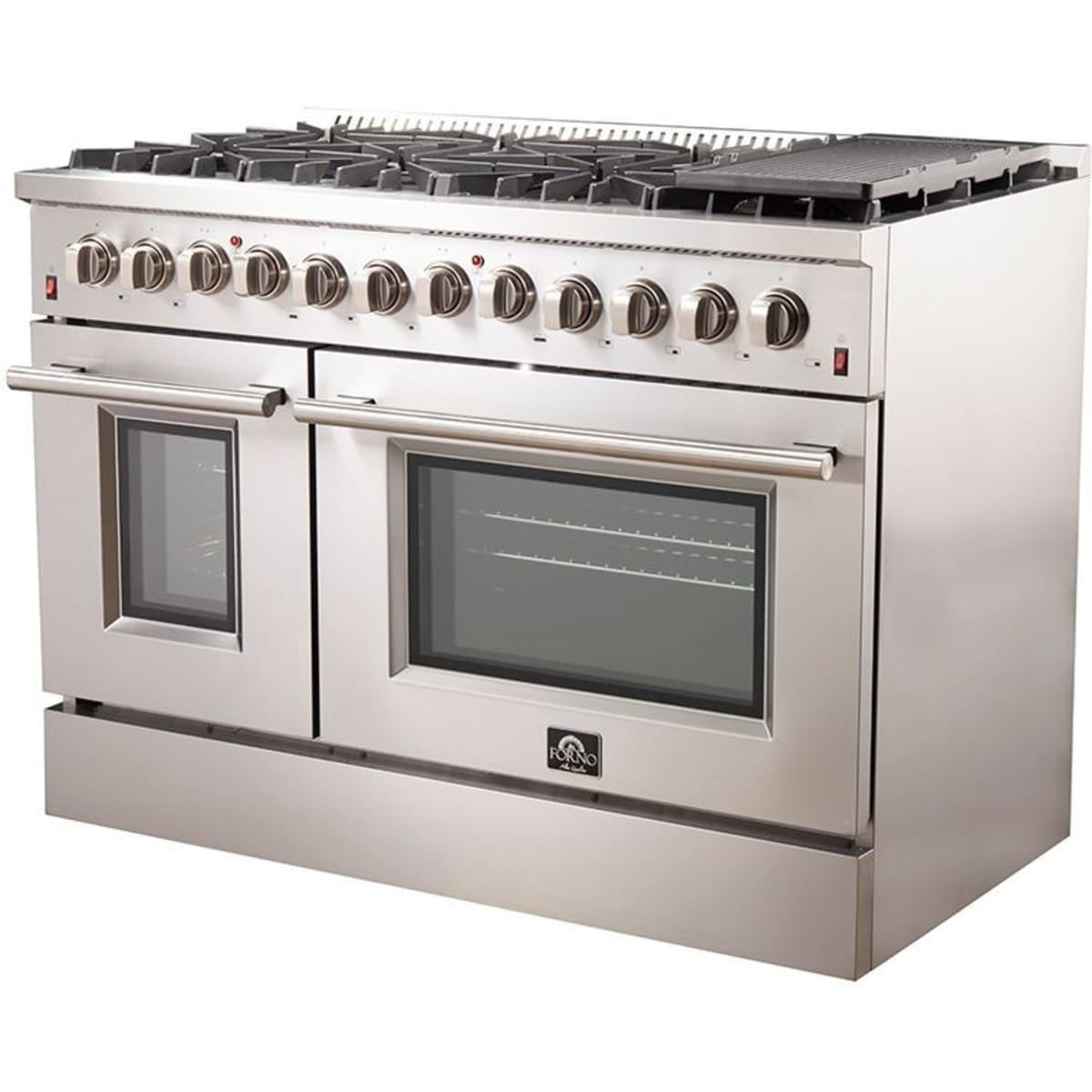 FFSGS615648 — 48 Inch Freestanding Dual Fuel Range with 8 Sealed Burners, 6.58 cu. ft. Total Capacity, Continuous Cast Iron Grates, Griddle, and LP Conversion Kit Included: Stainless Steel