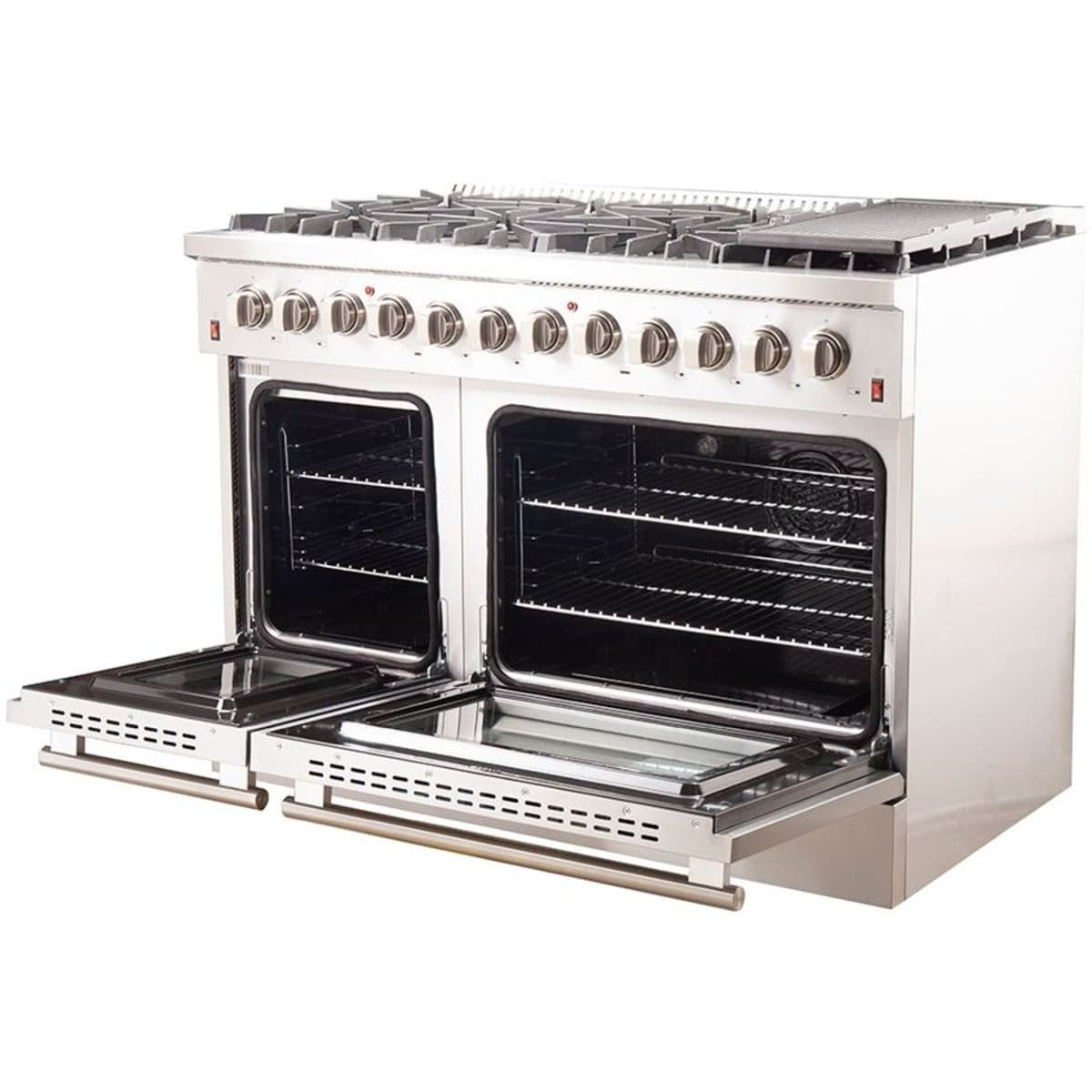 FFSGS615648 — 48 Inch Freestanding Dual Fuel Range with 8 Sealed Burners, 6.58 cu. ft. Total Capacity, Continuous Cast Iron Grates, Griddle, and LP Conversion Kit Included: Stainless Steel