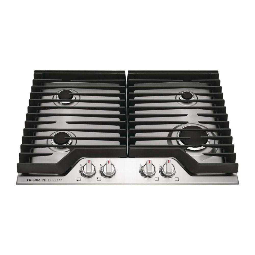 30 Inch Gas Cooktop with 4 Sealed Burners, Continuous Grates, Spill Safe® Cooktop, Backlit LED Knobs, Dishwasher-Safe Burners Caps, Frigidaire® Fit Promise, Quick Boil Burner, Simmer Burner, and ADA Compliant