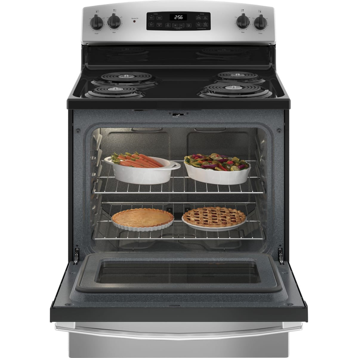 JB256RTSS  GE 30″ Free-Standing Electric Range with Self-Clean Oven, Sensi-Temp™ Coil Elements, Dual-Element Bake, and Storage Drawer