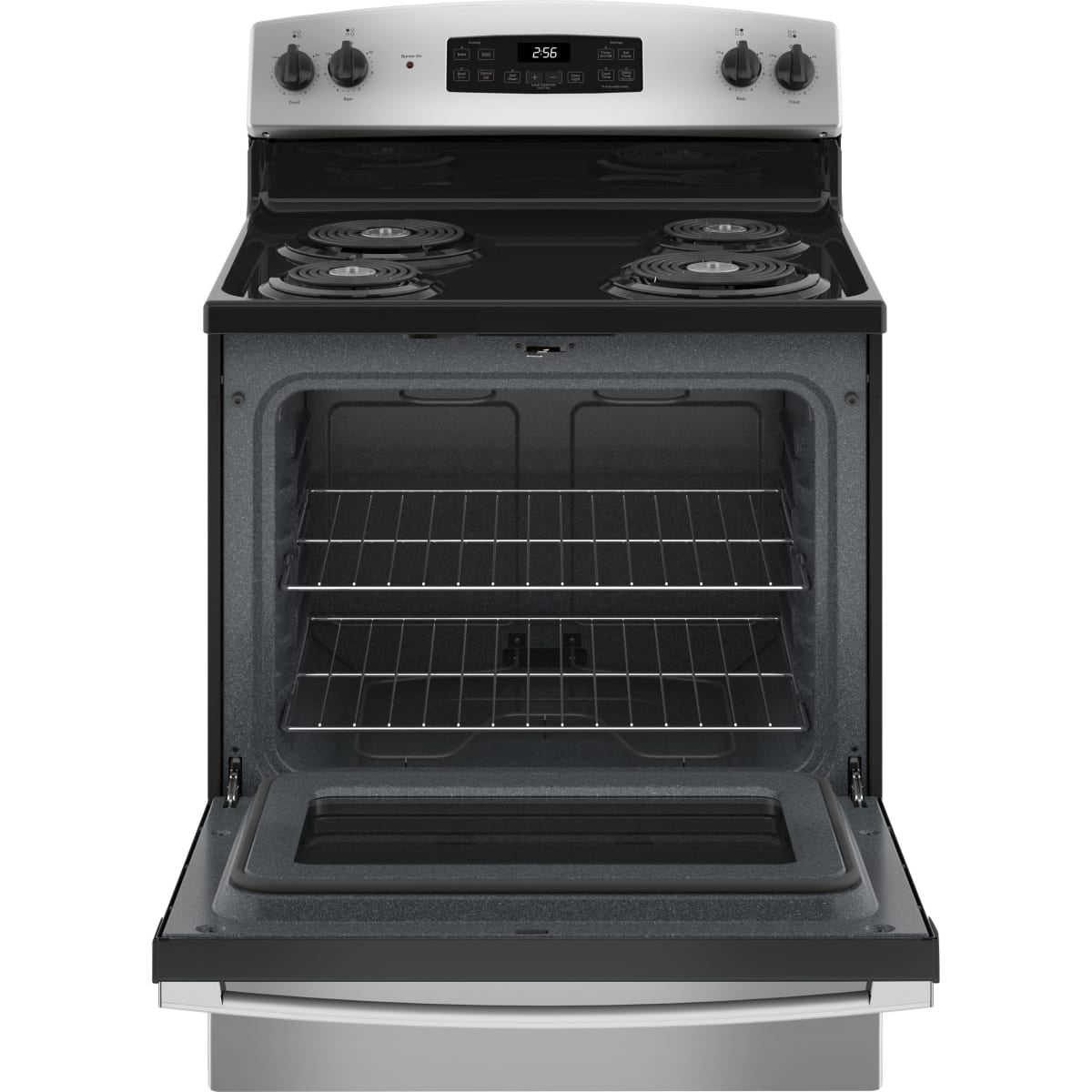 JB256RTSS  GE 30″ Free-Standing Electric Range with Self-Clean Oven, Sensi-Temp™ Coil Elements, Dual-Element Bake, and Storage Drawer