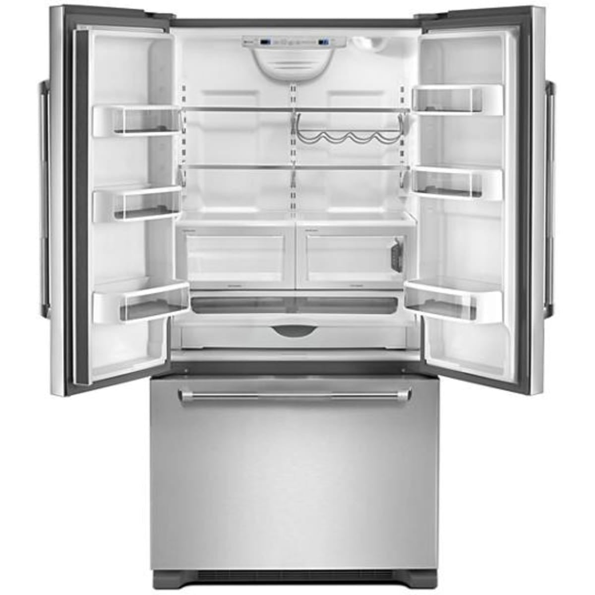 JFFCF72DKL —  36 Inch Freestanding French Door Refrigerator with 21.9 Cu. Ft. Total Capacity, Internal Water Dispenser, Ice Maker, Trisensor™ Electronic Climate Control, Adjustable Glass Shelves, Undershelf Wine Bottle Rack, and Sabbath Mode