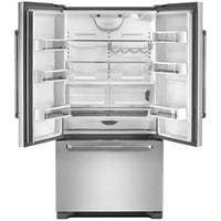 JFFCF72DKL —  36 Inch Freestanding French Door Refrigerator with 21.9 Cu. Ft. Total Capacity, Internal Water Dispenser, Ice Maker, Trisensor™ Electronic Climate Control, Adjustable Glass Shelves, Undershelf Wine Bottle Rack, and Sabbath Mode