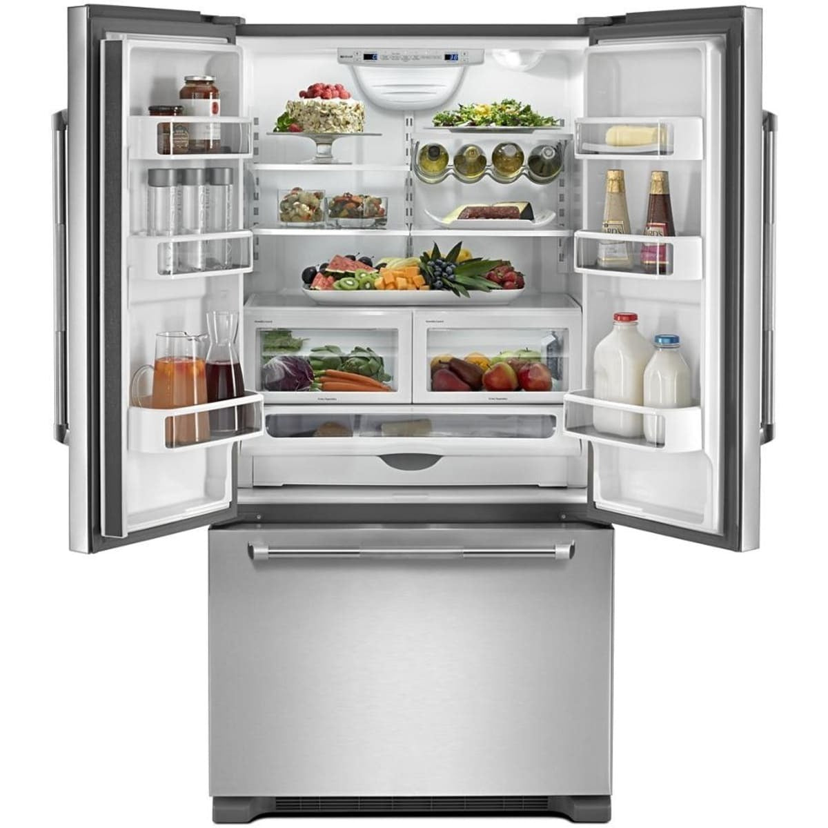 JFFCF72DKL —  36 Inch Freestanding French Door Refrigerator with 21.9 Cu. Ft. Total Capacity, Internal Water Dispenser, Ice Maker, Trisensor™ Electronic Climate Control, Adjustable Glass Shelves, Undershelf Wine Bottle Rack, and Sabbath Mode