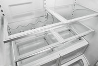 JFFCF72DKL —  36 Inch Freestanding French Door Refrigerator with 21.9 Cu. Ft. Total Capacity, Internal Water Dispenser, Ice Maker, Trisensor™ Electronic Climate Control, Adjustable Glass Shelves, Undershelf Wine Bottle Rack, and Sabbath Mode