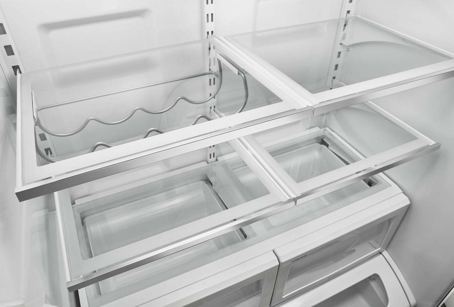 JFFCF72DKL —  36 Inch Freestanding French Door Refrigerator with 21.9 Cu. Ft. Total Capacity, Internal Water Dispenser, Ice Maker, Trisensor™ Electronic Climate Control, Adjustable Glass Shelves, Undershelf Wine Bottle Rack, and Sabbath Mode