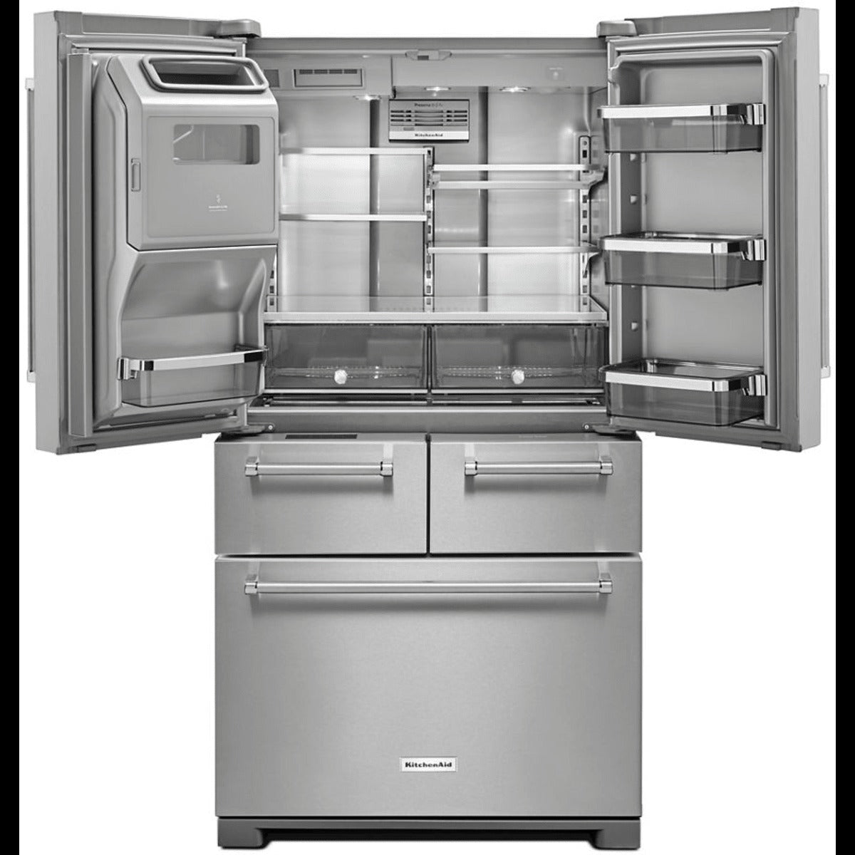 KRMF706ESS — 36 Inch Freestanding 5-Door French Door Refrigerator with 25.8 cu. ft. Capacity, 5 Shelves, 2 Soft-Close Drawers, Preserva® Food Care System, SatinGlide® Crispers, Exterior Ice/Water Dispenser, LED Lighting and Sabbath Mode: Stainless Steel