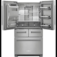 KRMF706ESS — 36 Inch Freestanding 5-Door French Door Refrigerator with 25.8 cu. ft. Capacity, 5 Shelves, 2 Soft-Close Drawers, Preserva® Food Care System, SatinGlide® Crispers, Exterior Ice/Water Dispenser, LED Lighting and Sabbath Mode: Stainless Steel