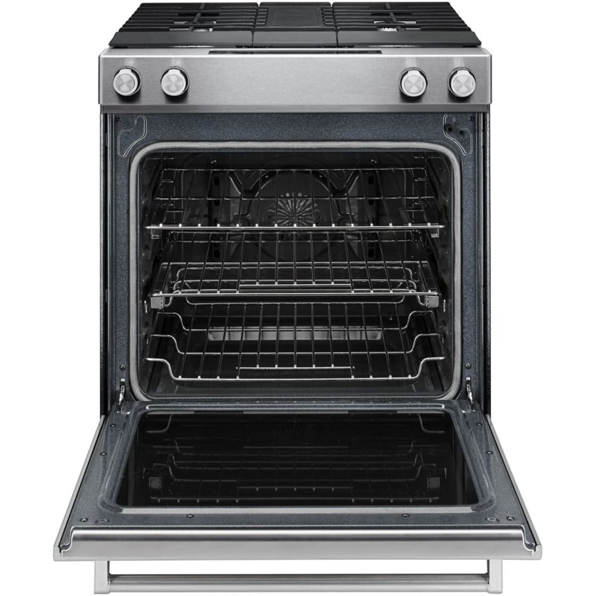30 Inch Slide-in Dual Fuel Range with 4 Sealed Burners, 17,000 BTU, 6.4 cu. ft. Convection Oven, Built-in Downdraft Ventilation and Glass Touch Controls