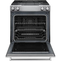 30 Inch Slide-in Dual Fuel Range with 4 Sealed Burners, 17,000 BTU, 6.4 cu. ft. Convection Oven, Built-in Downdraft Ventilation and Glass Touch Controls