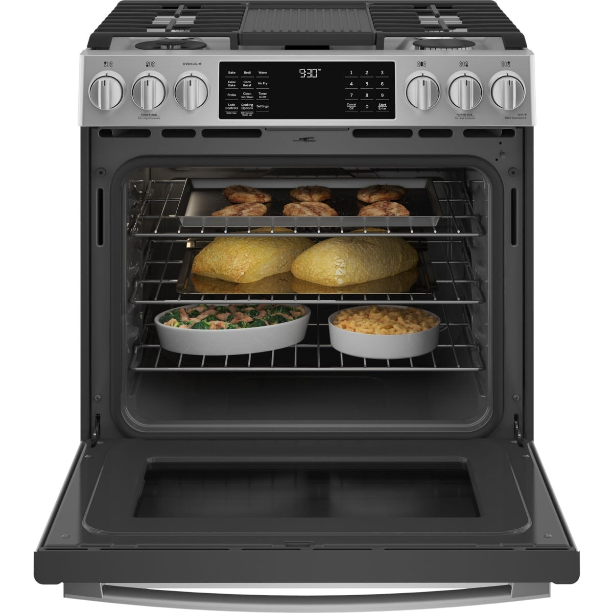 P2S930YPFS GE Profile 30-inch Smart Slide-In Front Control Dual-Fuel Range with No Preheat Air Fry – Stainless Steel