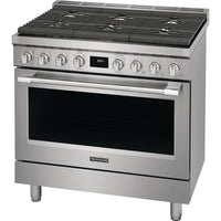 PCFD3670AF — Frigidaire Professional 36″ Dual-Fuel Freestanding Range with 6 Burner Cooktop, Dual Fan Convection, Temperature Probe, Steam Clean (Smudge-Proof® Stainless Steel)