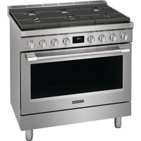 PCFD3670AF — Frigidaire Professional 36″ Dual-Fuel Freestanding Range with 6 Burner Cooktop, Dual Fan Convection, Temperature Probe, Steam Clean (Smudge-Proof® Stainless Steel)