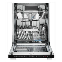 Frigidaire stainless steel dishwasher with 14 place settings, quiet 45 dBA operation, MaxBoost Dry system for improved drying, 7 wash cycles, third rack, and sanitize option. Modern design with integrated top controls.