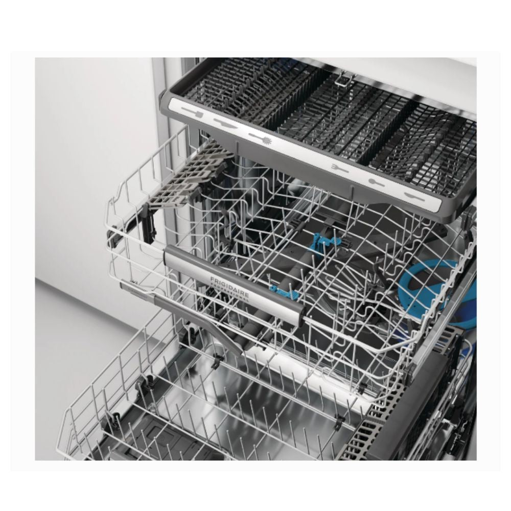 Frigidaire stainless steel dishwasher with 14 place settings, quiet 45 dBA operation, MaxBoost Dry system for improved drying, 7 wash cycles, third rack, and sanitize option. Modern design with integrated top controls.
