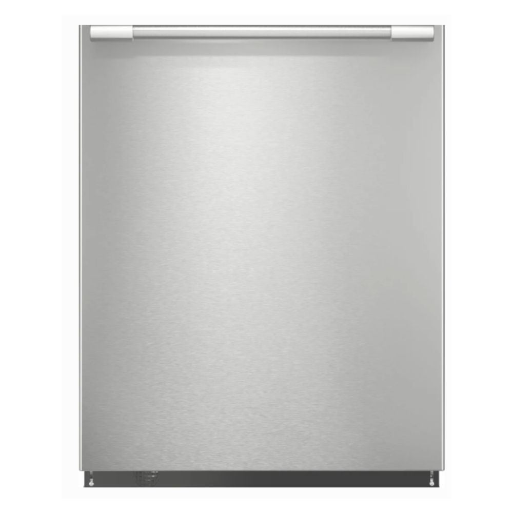 Frigidaire stainless steel dishwasher with 14 place settings, quiet 45 dBA operation, MaxBoost Dry system for improved drying, 7 wash cycles, third rack, and sanitize option. Modern design with integrated top controls.