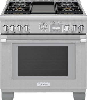 PRG364WDG — Thermador “Pro Grand” 36″ Gas Range with 5.7 cu ft Oven, Star® Burner 22,000 BTU, ExtraLow® Simmer Burners, Non-Stick Griddle, True Convection, WiFi / Home Connect™