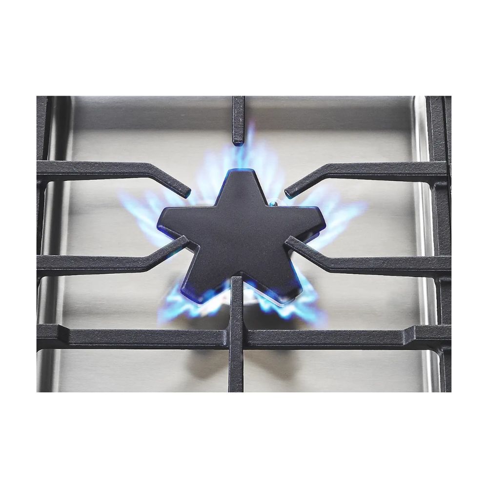 36 Inch Gas Cooktop with 5 Star® Burners, 18,000 BTU Center Burner, Continuous Cast Iron Grates, QuickClean Base®, Electronic Re-Ignition, Sealed Burners, Stainless Steel Surface, and Knob Controls.